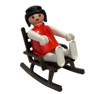 Vintage 1974 Geobra Playmobil Figure In Red Outfit With Miniature Wooden Rocking